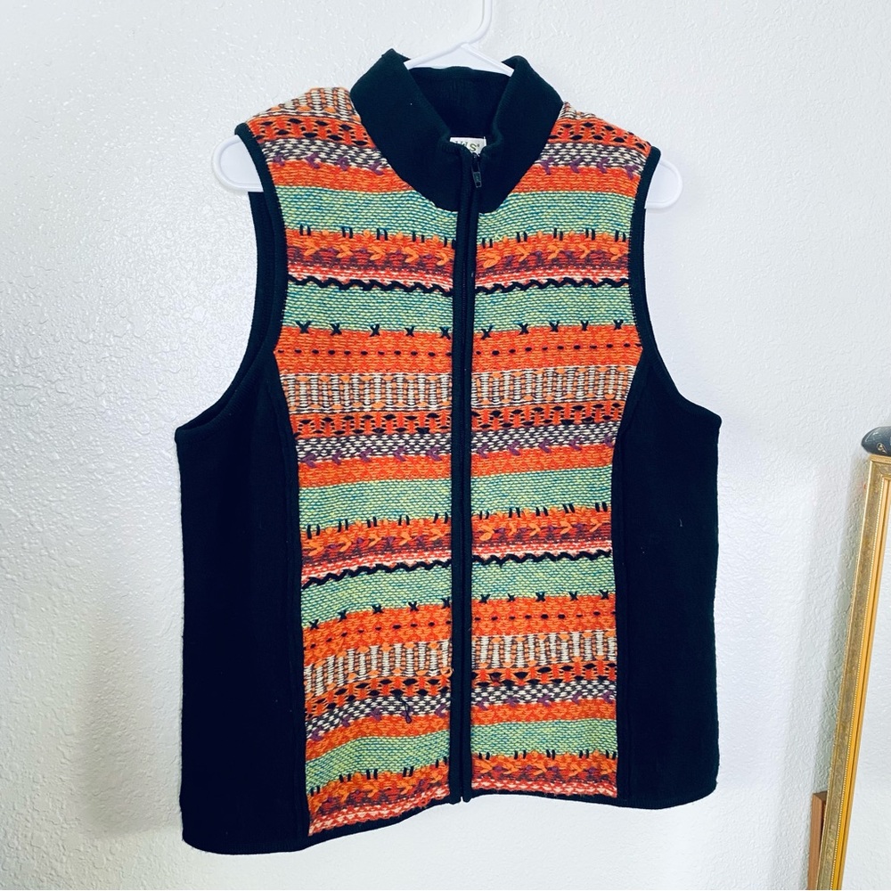 Orvis Boho Knit Woven 100% Wool Striped Zip Up Fall Sweater Vest Medium